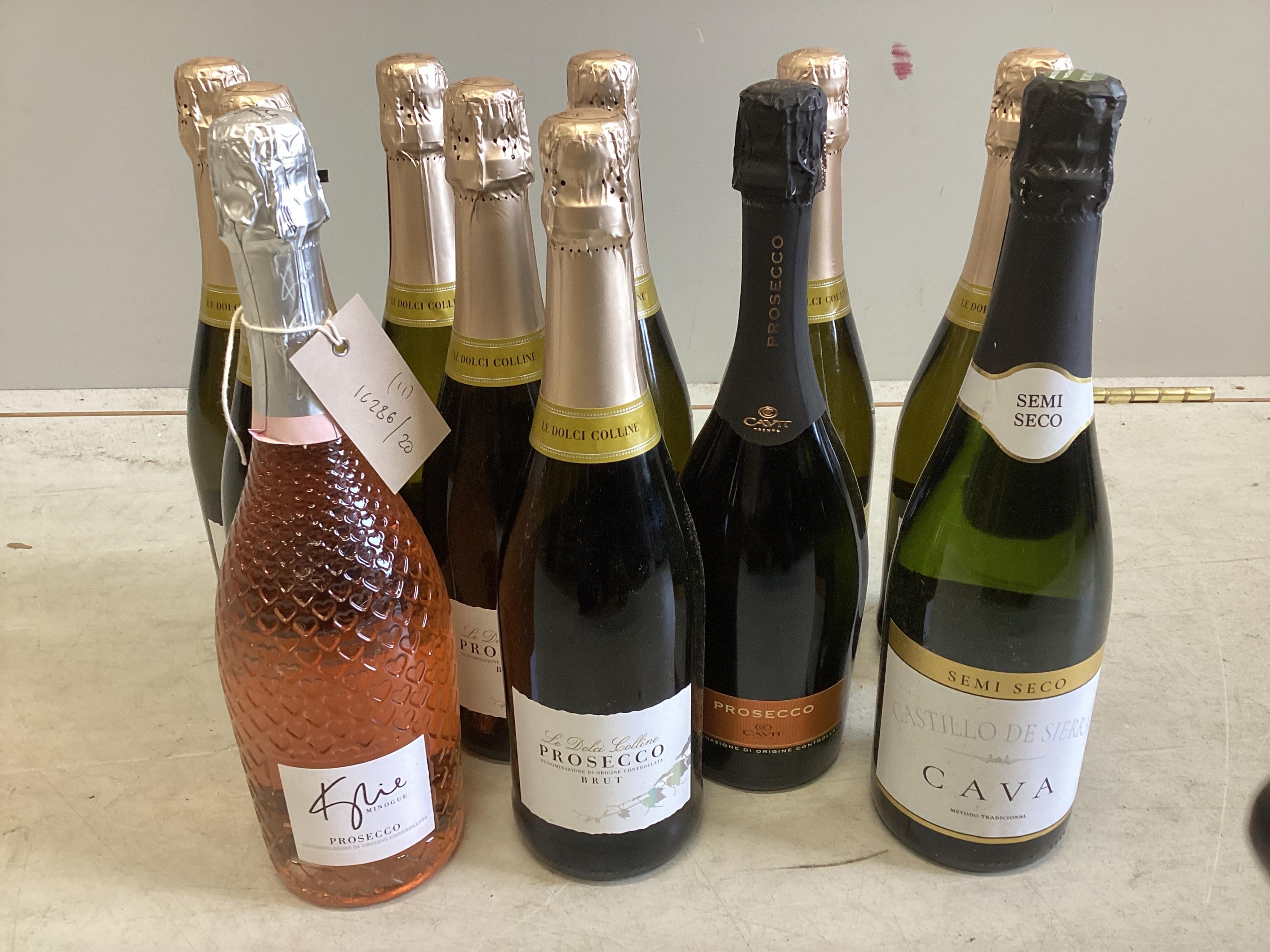 Eight bottles of Le Dolci Prosecco Brut, two others and a bottle of Cava (11). Condition - good, surplus stock from a local wedding planner